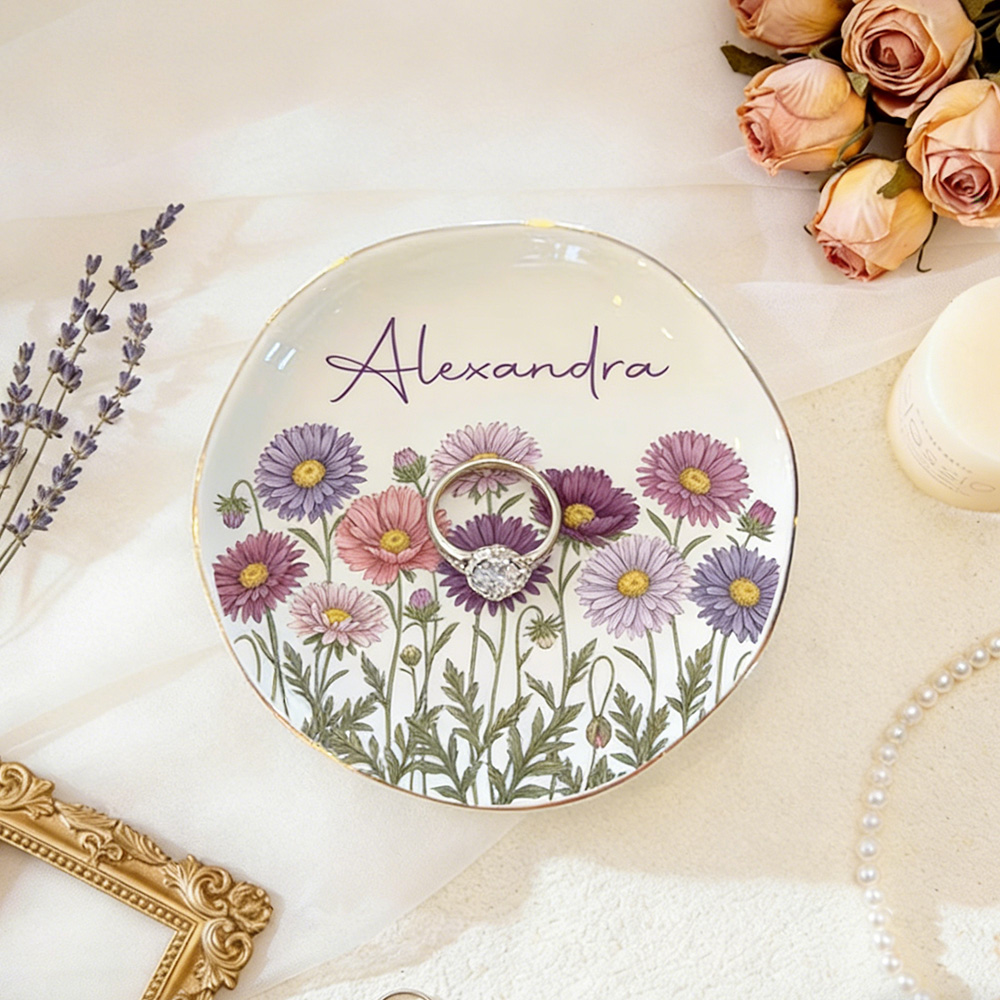 Personalized Watercolor Birth Month Flower Ring Trinket Dish Birthday Jewelry Dish Mothers Day Gift