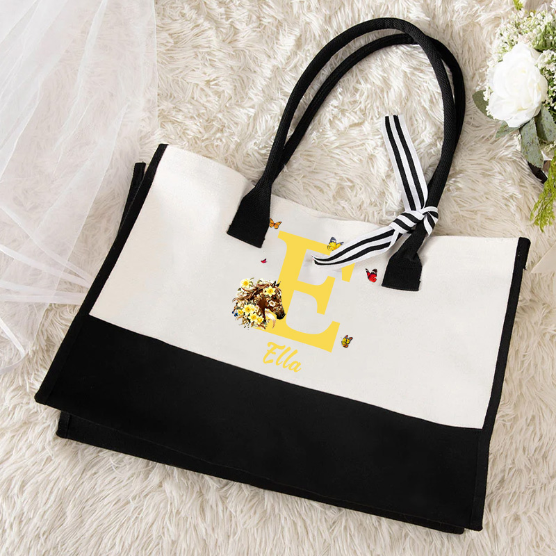 Personalized Birth Flower Bouquet Horse Large Canvas Tote Bag with Name and Initial Birthday Anniversary Gift for Equestrain Lovers