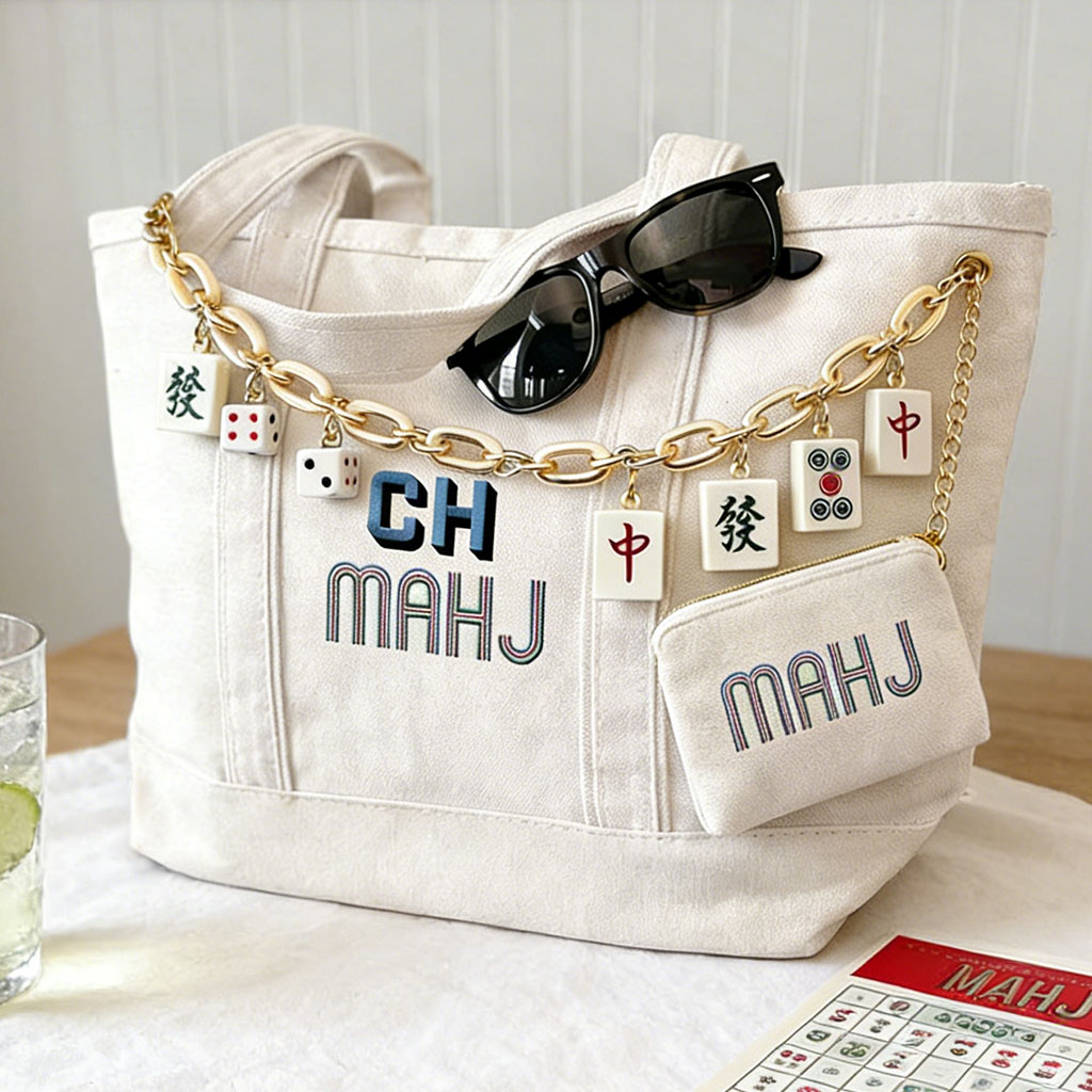 Personalized Embroidered Mahjong Tote Bag Custom Gift Bachelorette Party Bags Teacher Mom Embroidery Needlepoint
