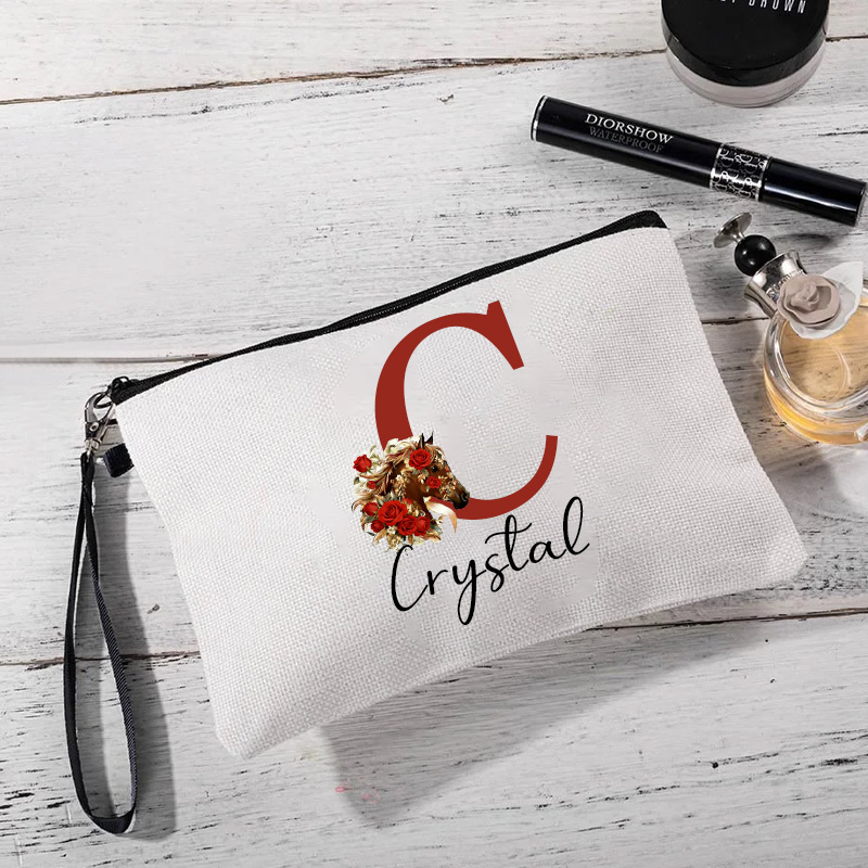 Personalized Birth Flower Horse Makeup Bag Cosmetic Bag Horse Lover Gift Linen Zipper Pouch for Equestrian Lovers