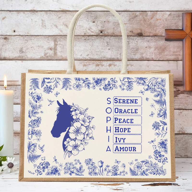Personalized Toile De Jouy Horse Birth Flower Tote Bag with Name Birthday Gift for Riding Equestrian Lovers