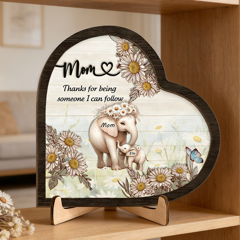 Personalized Thanks For Being Someone I Can Follow Birth Flower Sign Mom Elephant with Little Kids Wooden Plaque Gift for Mom Grandma Mother's Day