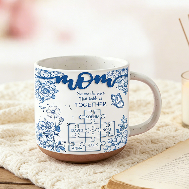 Personalized Mom Puzzle Piece Pottery Mug with Birth Flower You Are The Piece That Hold Us Together Mug Gift For Mom Mother's Day Gift