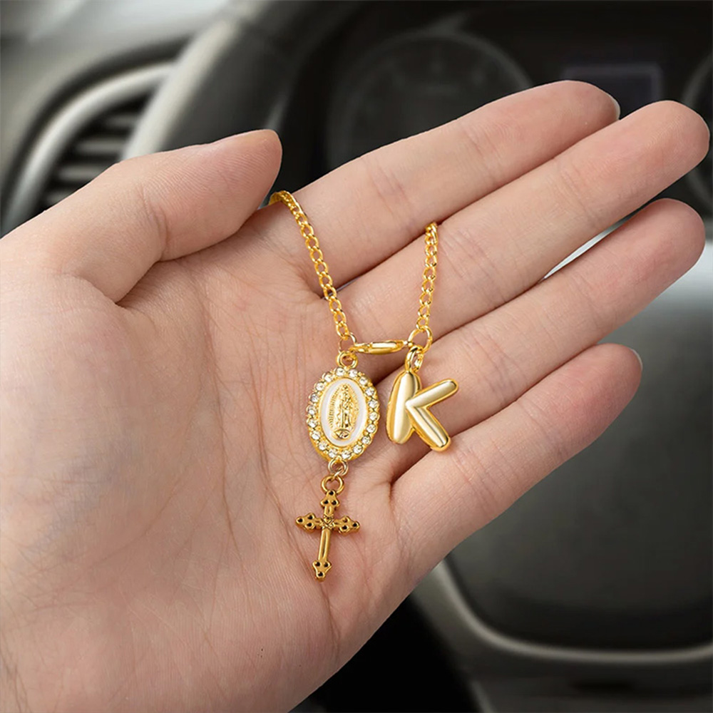 Personalized Zircon Virgin Mary & Cross Steering Wheel Rosary Charm with Bubble Initial – Car Decor, Prayer & Safety Gift for Christian Drivers