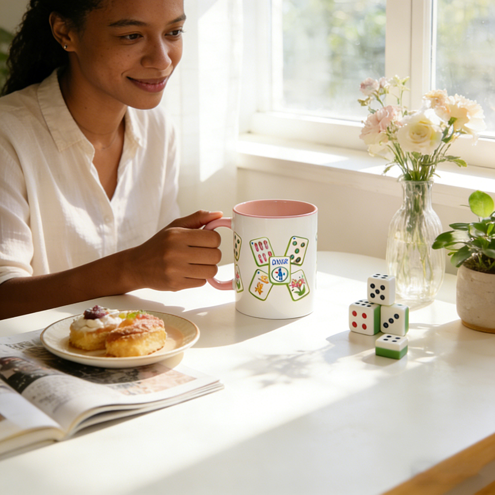 Pink and Green Mahjong Coffee Mug Mahjong Tile Design Ceramic Cup Gift for Mahjong Lovers Game Night Tea Cup
