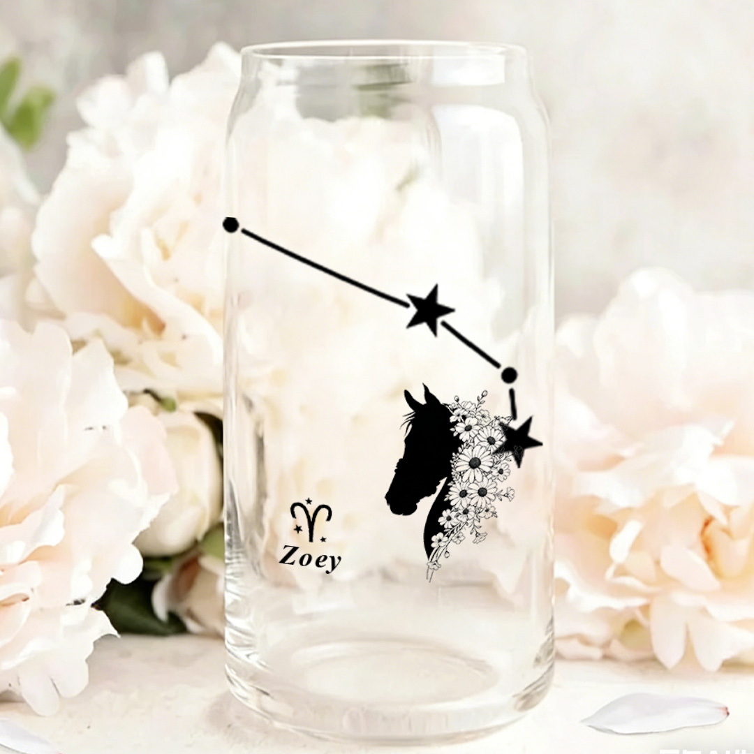 Personalized Name Zodiac and Horse Birth Flower Can Tumbler Glass with Bamboo Lids for Equestrain Lovers