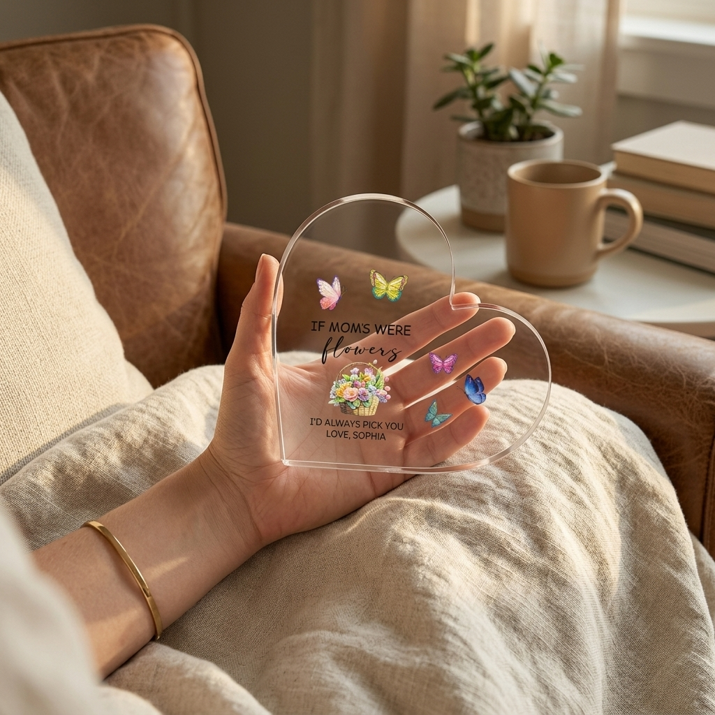 Personalized Heart Acrylic Plaque – ‘If Moms Were Flowers, I’d Pick You’ Mother’s Day Gift