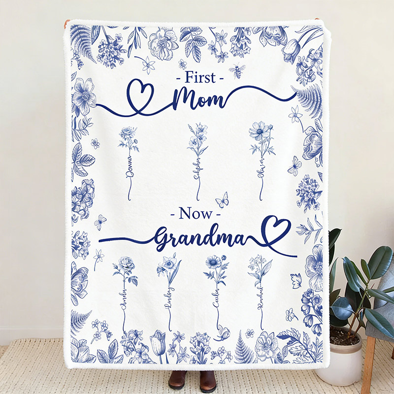 Personalized Grandma Blanket with Birthflower Grandkids Names Mother's Day Gift For Nana Gigi Mimi Custom Grandmother Mom Birthday Gift 