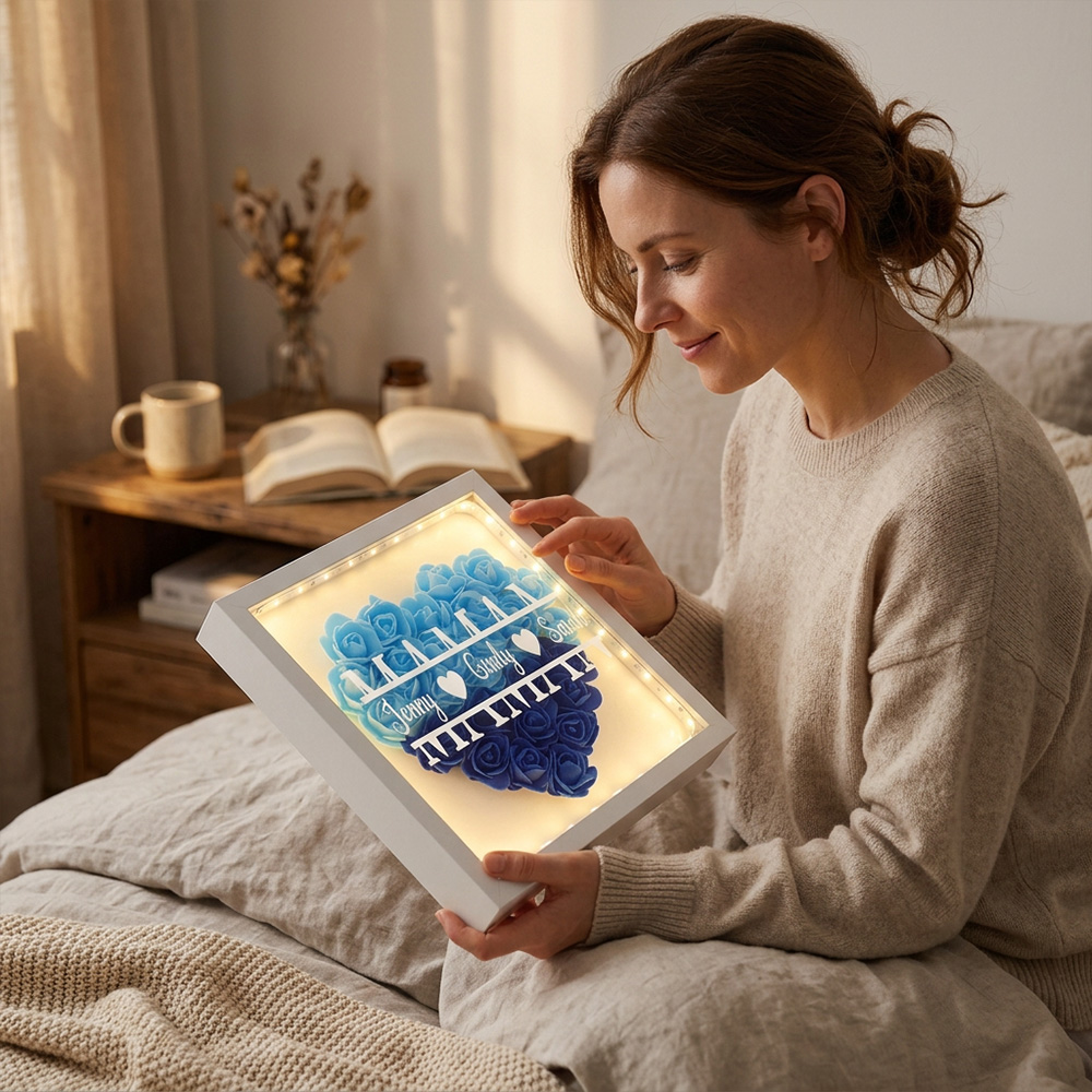 Personalized Mother’s Day Shadow Box – Custom Name Heart Rose Light Frame for Mom