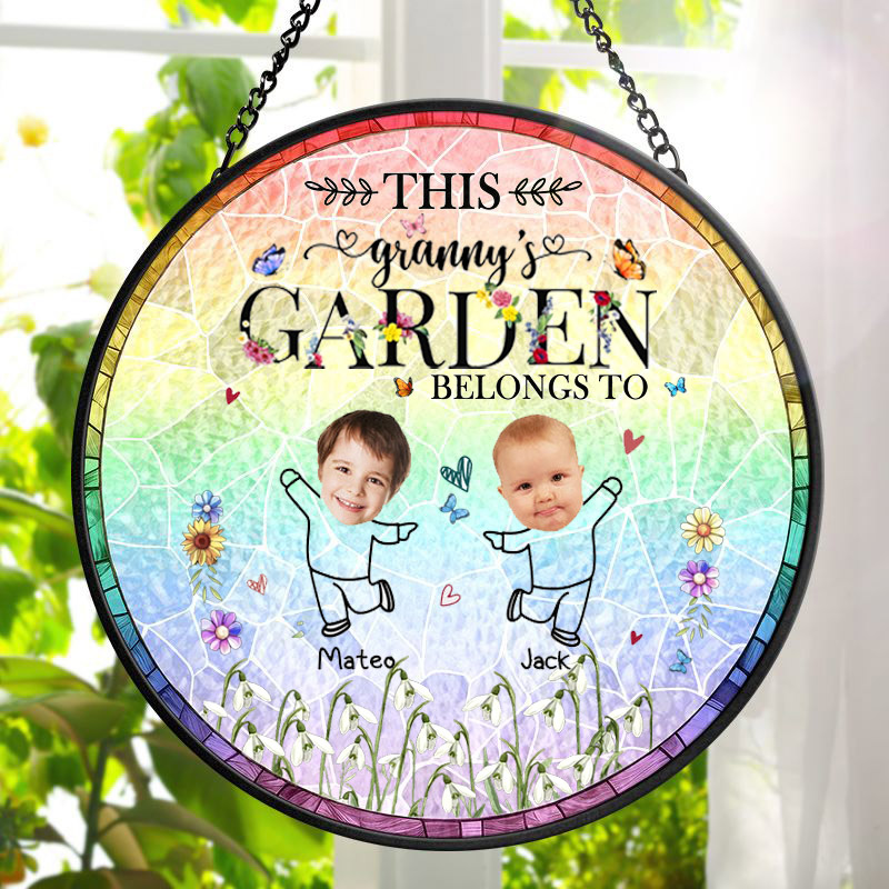 Personalized Birth Flower This Grandma's Mom's Garden Belongs Custom Stained Glass Window Hanging Suncatcher with Kids Mother's Day Gift