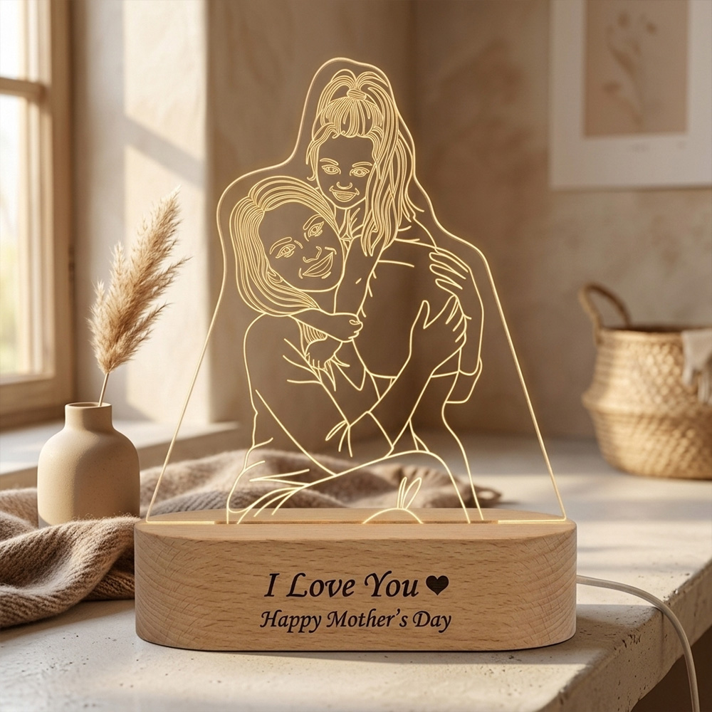 Personalized Mother’s Day Lamp – Custom Engraved Wooden Base Light with Mother and Daughter Design