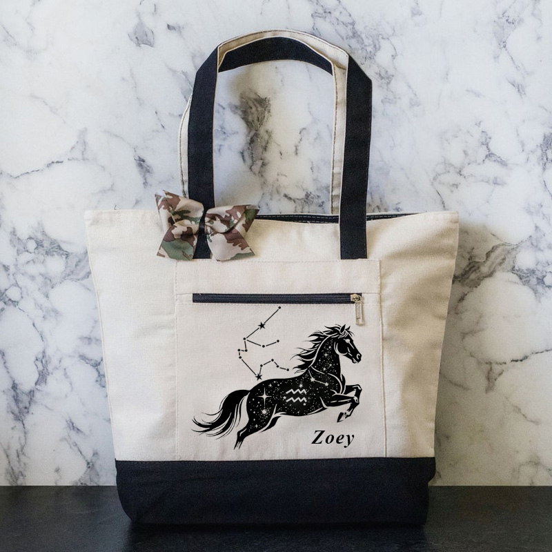 Personalized Zodiac Horoscope Horse Zippered Canvas Tote Bag with Name Essentials Birthday Gift for Equestrain Lovers