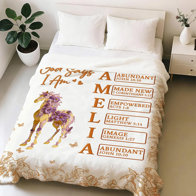 Personalized God Says I Am Horse Birth Flower Soft Throw Blanket with Name Home Use Mother Day Gift for Equestrain Lovers