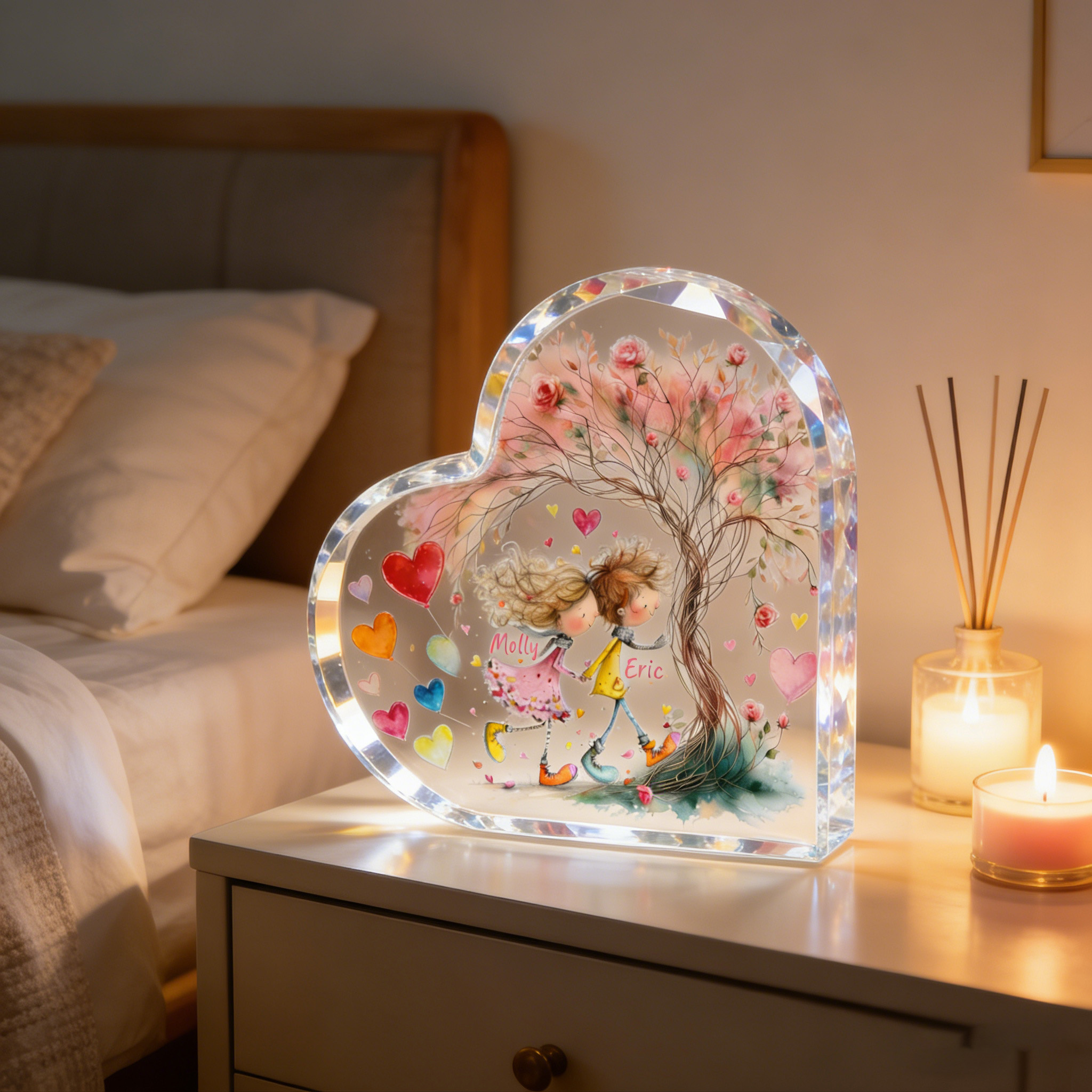 Personalized Cartoon Couple Plauqe Flower Tree Heart Shape Acrylic Plaque with Name Desk Decor Valentine's Day Gift for Couple