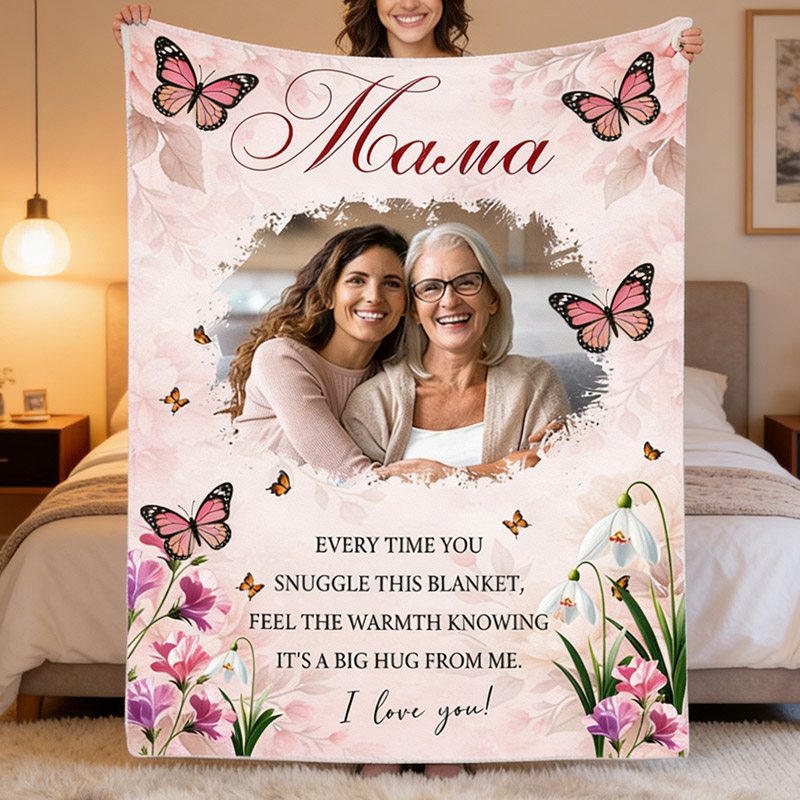 Personalized Mama Photo Blanket with Birthflower Mother's Day Gift For Mom Gigi Mimi Custom Grandmother Mom Birthday Gift 