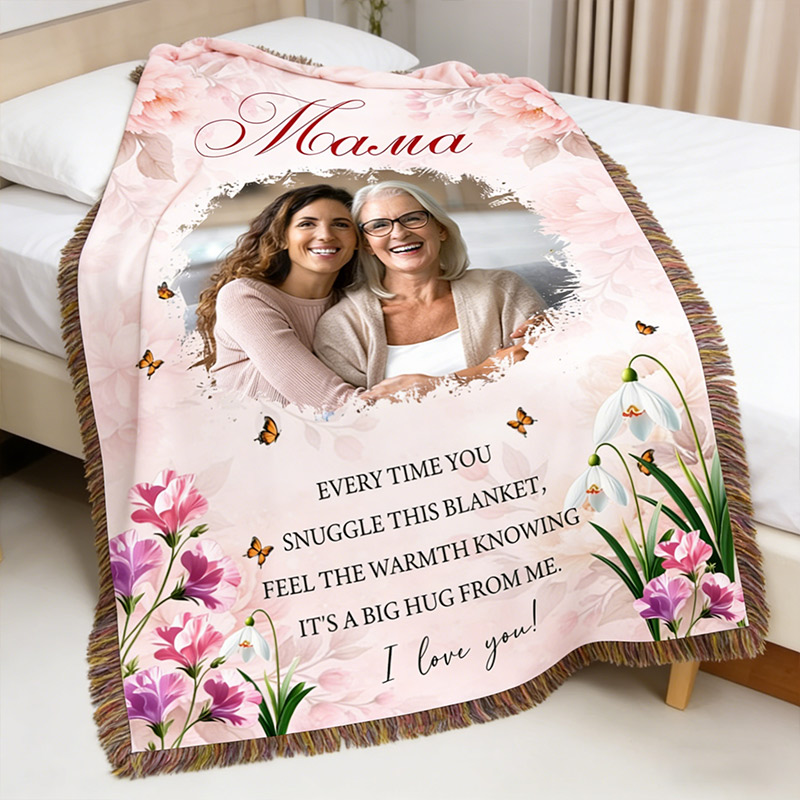 Personalized Mama Photo Blanket with Birthflower Woven Floral Throw Gift For Mom Gigi Mimi Mother's Day Gift Mom Birthday Gift