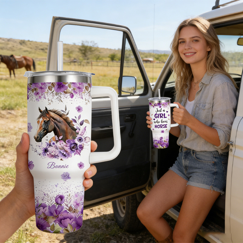 Personalized Birth Month Flower Horse Watercolor Pet Portrait Travel Tumbler Riders Gift for Equestrian Lover