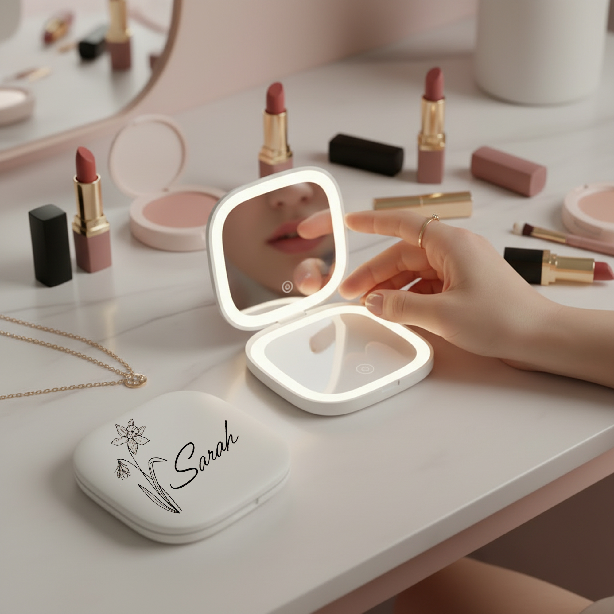 Personalized LED Makeup Mirror with Name and Birth Flower Foldable Travel Mirror for Women 3 Color Light 5X Magnification Rechargeable Gift