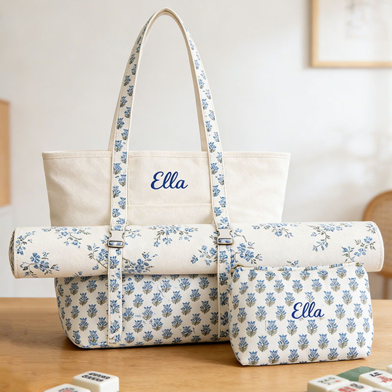 Mahjong Carry Set Personalized Embroidered Mahjong Tote Bag Canvas Carrier Cotton Pouch Block Mat Straps Custom Gift