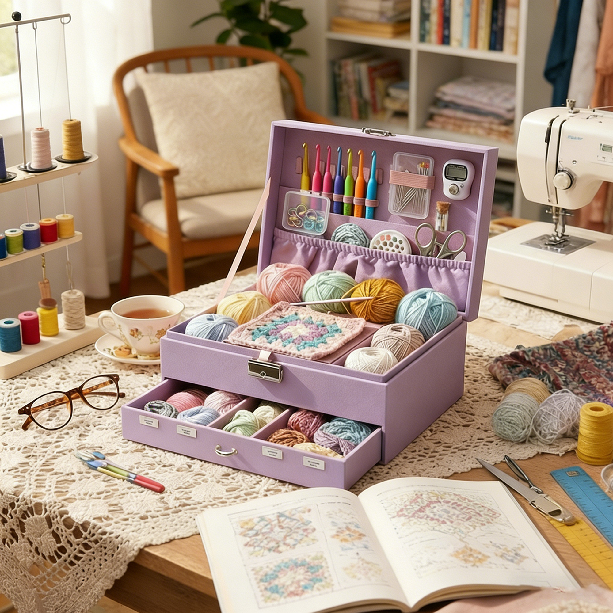Personalized Multi-Layer Fabric Crochet & Knitting Organizer Box – Portable Craft Storage for Yarn, Hooks and Accessories