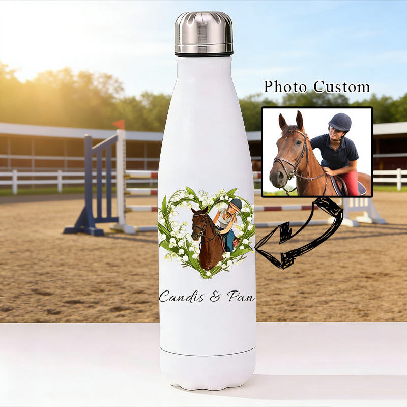 Personalized Birth Flower Heart Photo Custom Jumping Horse Insulated Bottle Pony Owners Thermal Flask Water Bottle for Equestrain Lovers