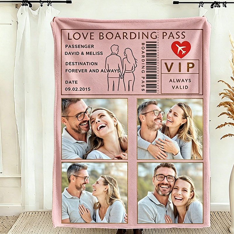Personalized Love Boarding Pass Design Blanket for Couple Photo Blanket