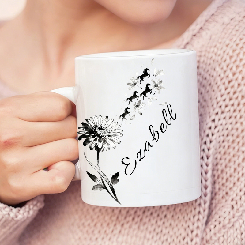 Personalized Birth Flower Horse with Flying Leaves Coffee Mug Elegant Ceramic Cup Gift for Horse Riding Equestrian Lovers