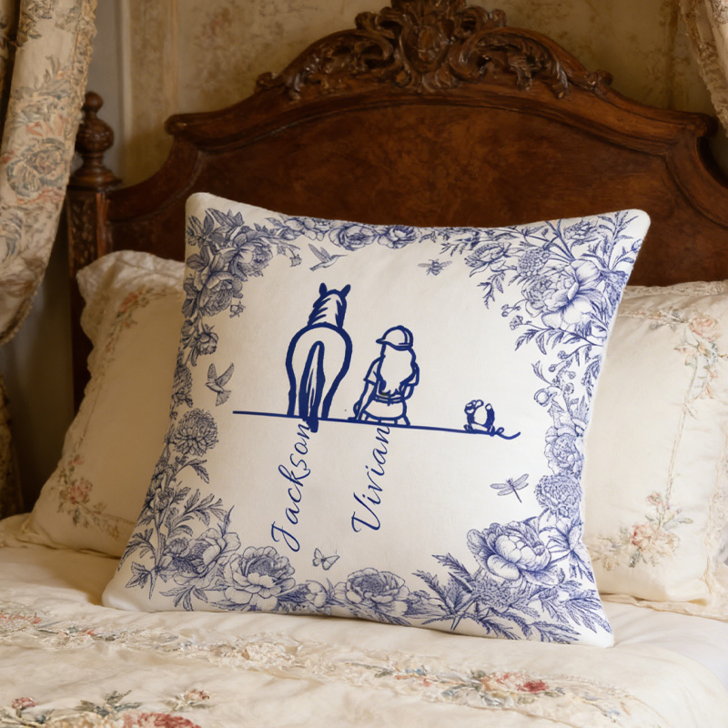 Personalized Toile De Jouy Horse Character Throw Pillow Cover Your Silhouette Always With Me Home Decor Birthday Gift for Equestrain Lovers