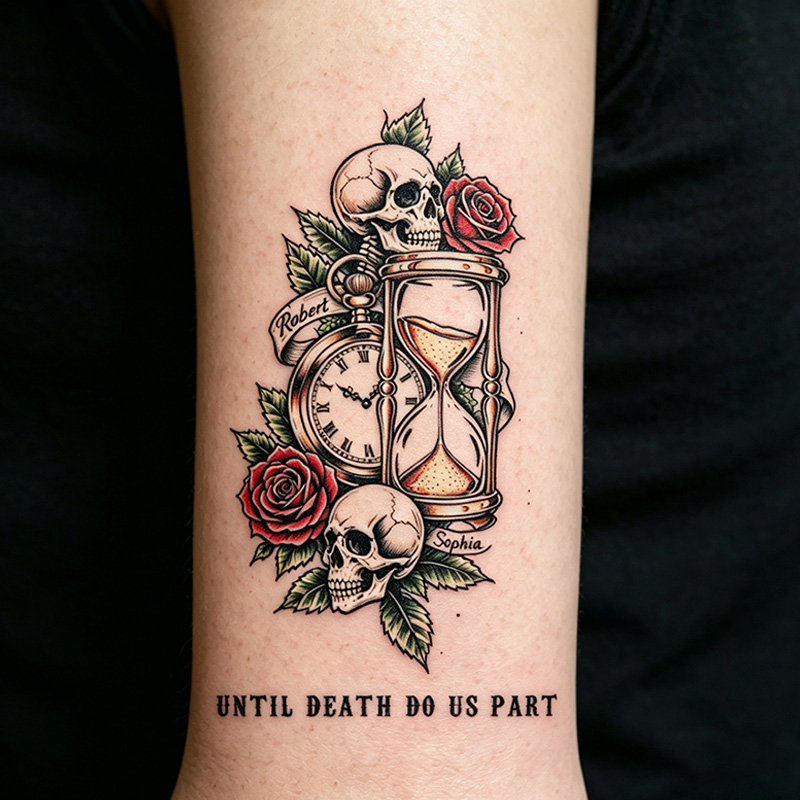 Personalized Until Death Do Up Part Couple Temporary Tattoo with Name Skeleton Couple Temporary Tattoo