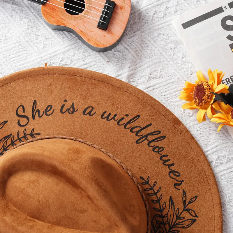 Personalized Vegan Suede Burned Hat Birth Month Floral Western Style Cowboy Cowgirl Hats She is a Wildflower Fedora Hat Wide Brim Hat Gifts for Equestrain Lovers