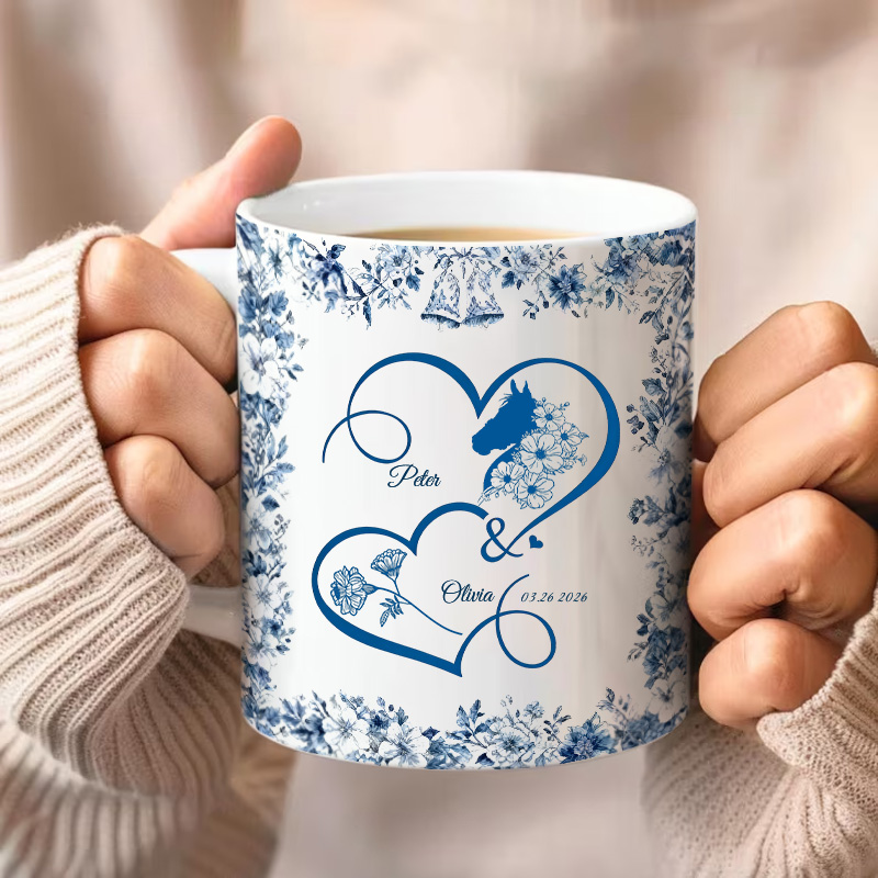 Personalized Toile De Jouy Mug Heart Birth Flower with Your Horse Ceramic Cup Gift for Horse Riding Equestrian Lovers