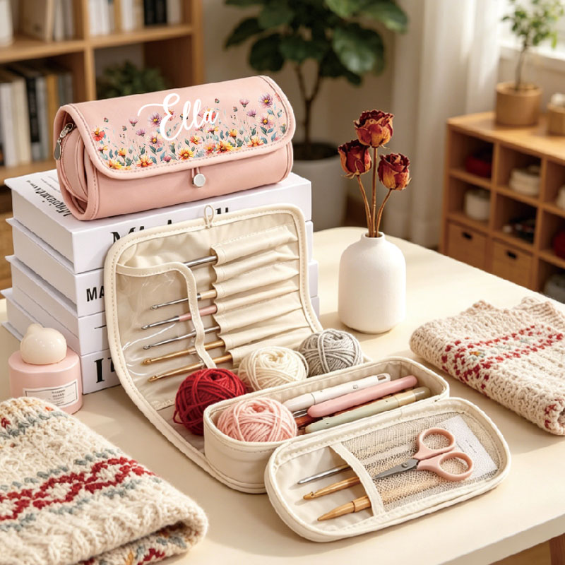 Personalized Birth Flower Roll Crochet Hook Organizer with Name Knitting Accessories Mother's Day Gift for Crochet Enthusiasts