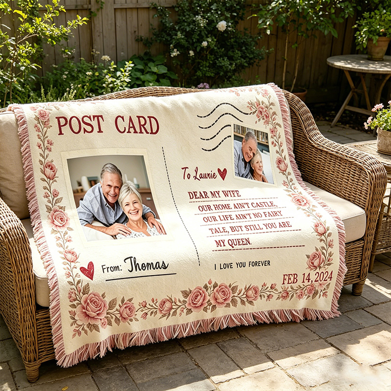 Personalized Couple Photo Vintage Postcard Blanket