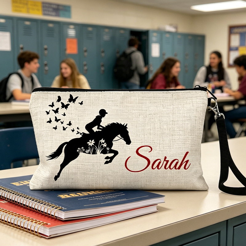 Personalized Floral Horse Birth Month Flower Linen Zipper Pouch Horseback Riding Farm Gift for Girls Equestrain Lovers