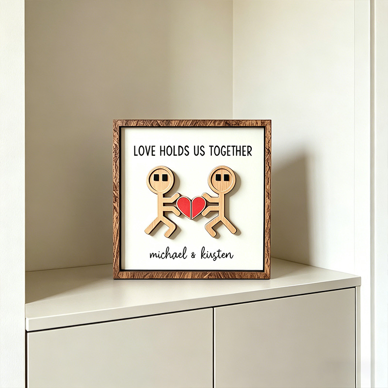 Personalized Funny Cartoon Couple Wooden Sign Gift Valentine's Day Gift for Couple Love Holds Us Together Wood Sign with Couple Name