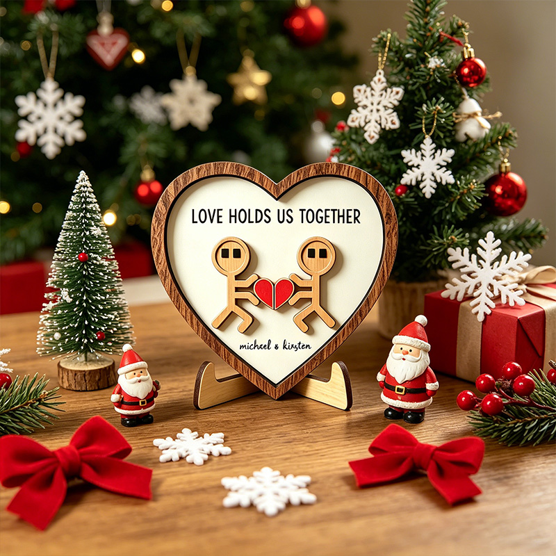 Personalized Funny Cartoon Couple Wooden Sign Gift Heart Shape Wooden Love Holds Us Together Sign with Couple Name Gift Plaque