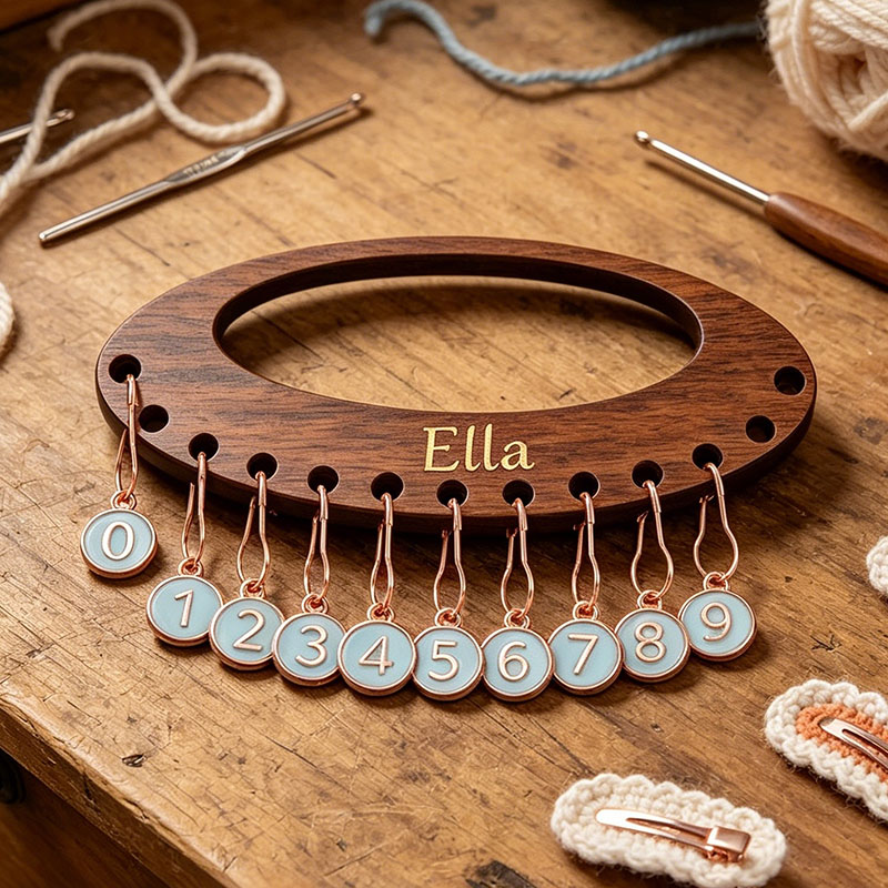 Personalized Removable Plastic Leather Wood Counting Number Stitch Markers Charm with Engraved Name and Holder Birthday Gift for Crochet Knitting Lovers