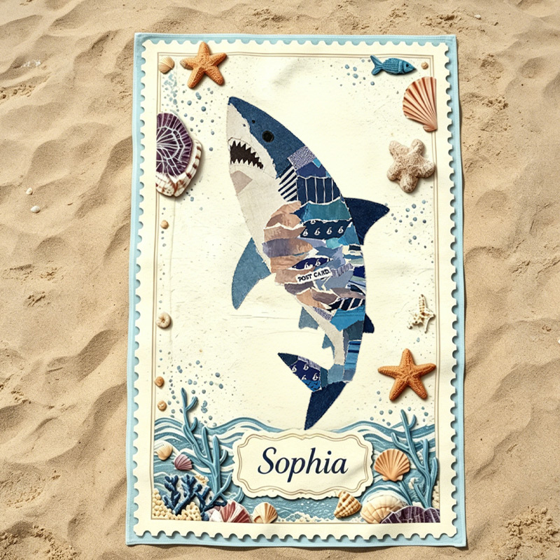Personalized  Beach Towel  Coastal Patchwork Collage Design Custom Name Kids Towel for Summer Vacation Ocean Theme Gift