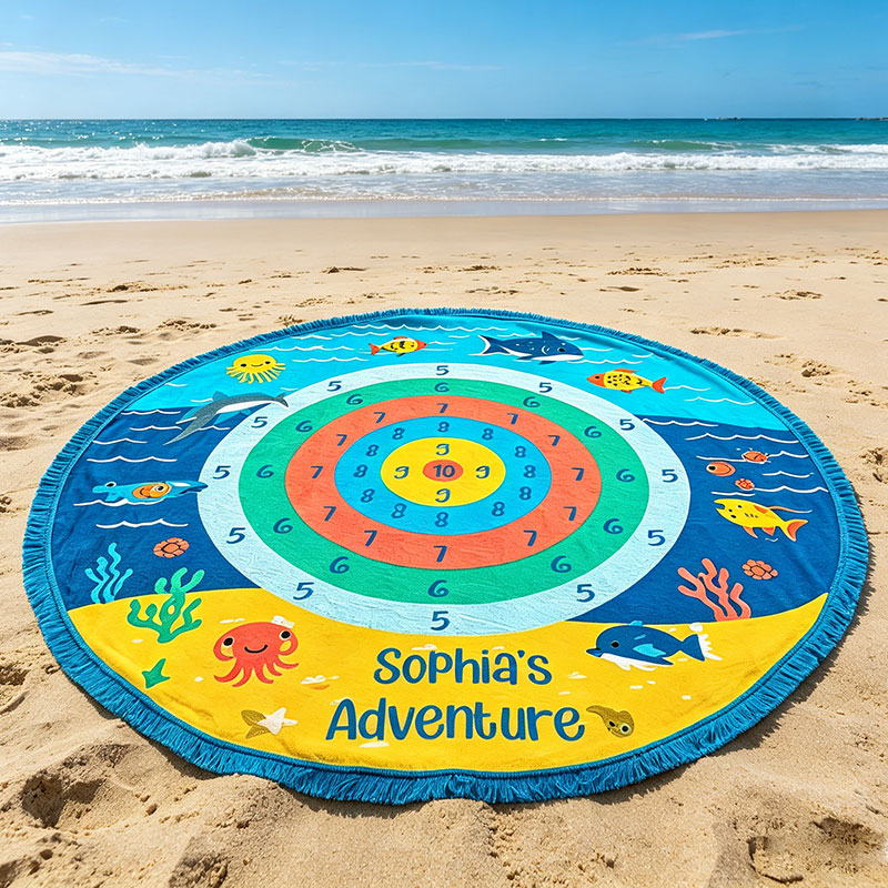 Personalized Round Ocean Target Game Beach Towel  Kids Play & Learn Mat with Cute Sea Animals Custom Name Summer Gift