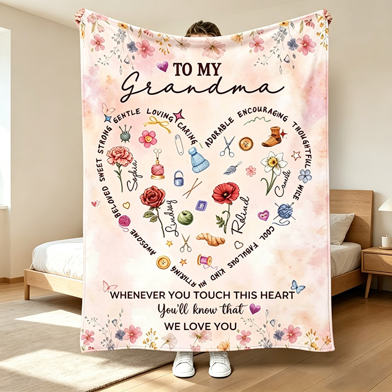 Personalized Grandma Blanket with Birthflower Knitting Lover Blanket Mother's Day Gift Nana Birthday Gift