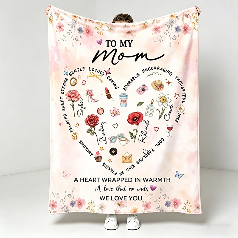 Personalized Mama Blanket with Birthflowers Custom Blanket with Kids Name Mother's Day Gift Mom Birthday Gift