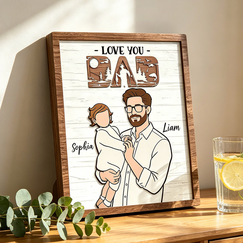 Personalized Love You Dad Sign Custom Dad Portrait with Kid Wooden Plaque Fishing Lover Dad Gifts Father's Day Gift For Dad