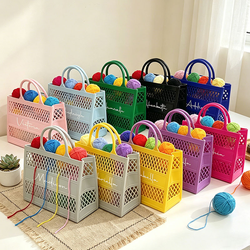 Personalized Hollow Crochet & Yarn Storage Bag Portable Handle Large Capacity Waterproof Solid Color PVC Tote Handbag Craft Yarn Sewing Organizer Basket