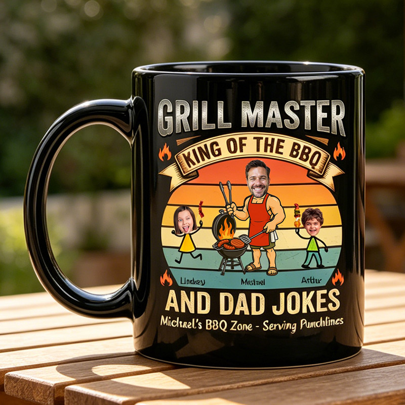 Personalized Grill Master Mug King of The BBQ And Dad Jokes Custom 11 oz Ceramic Mug with Kids Photos Father's Day Gifts for Dad