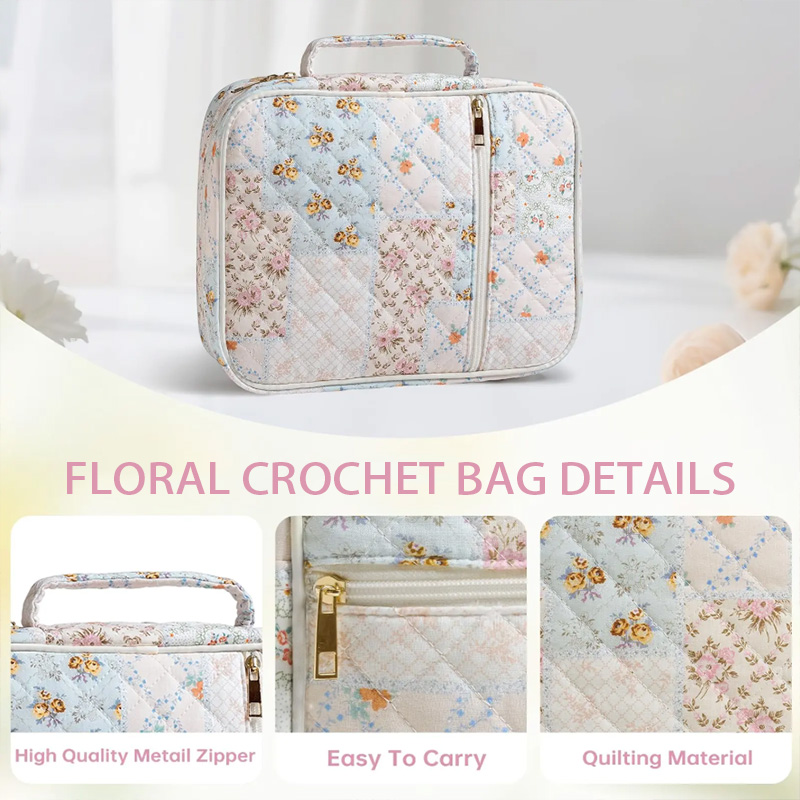Pedsonalized Crochet Tool Storage Bag with Embroidery Name Quilted Floral Knitting Bag Needle Storage Bag Sewing Project Organizer Gift for knitter