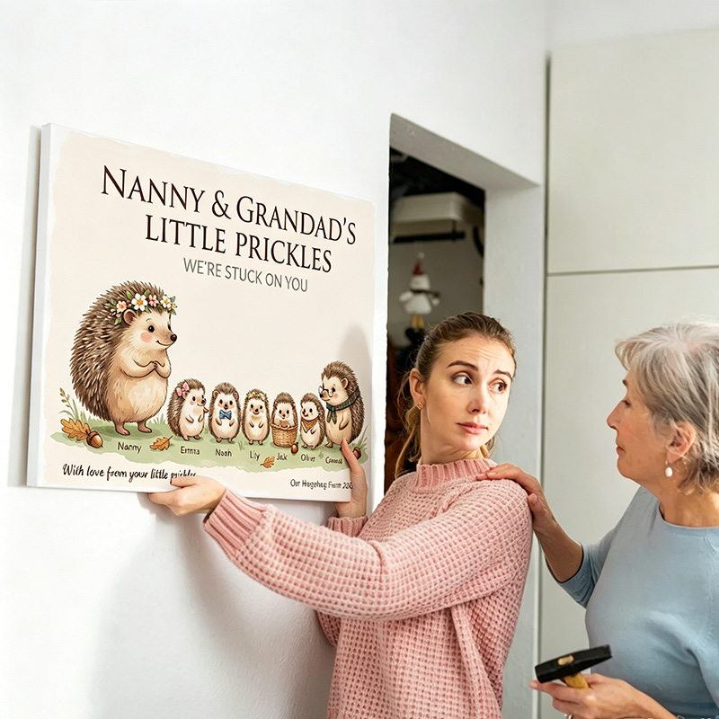 Personalized Hedgehog Family Poster Frameless Framed Painting with 1-9 Kids Names Home Decor Birthday Father's Day Gift for Papa Family Gift
