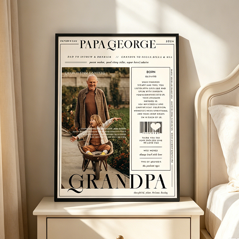 Personalized Papa Magazine Wall Art with Portrait Art Print Customed Wall Decor Father's Day Gift Home Decor Gift for Him