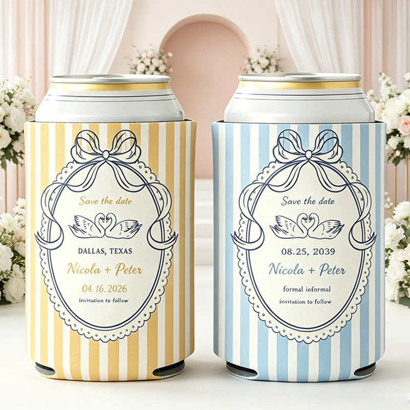 Personalized Multicolor Watercolor Striped Beer Can Cooler Sleeve with Name Title and Date Wedding Party Gift for Newlyweds