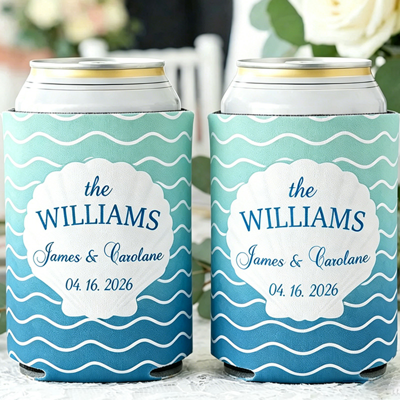 Personalized Ocean Theme Striped Beer Can Cooler Sleeve with Name Title and Date Wedding Party Gift for Newlyweds