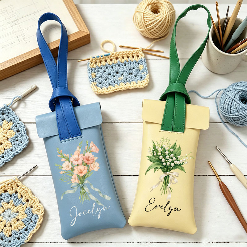 Personalized Crochet Tool Organizer Leather Custom Name with Birth Flower Bouquet Storage Case Multifunctional Crochet Kit with Lanyard